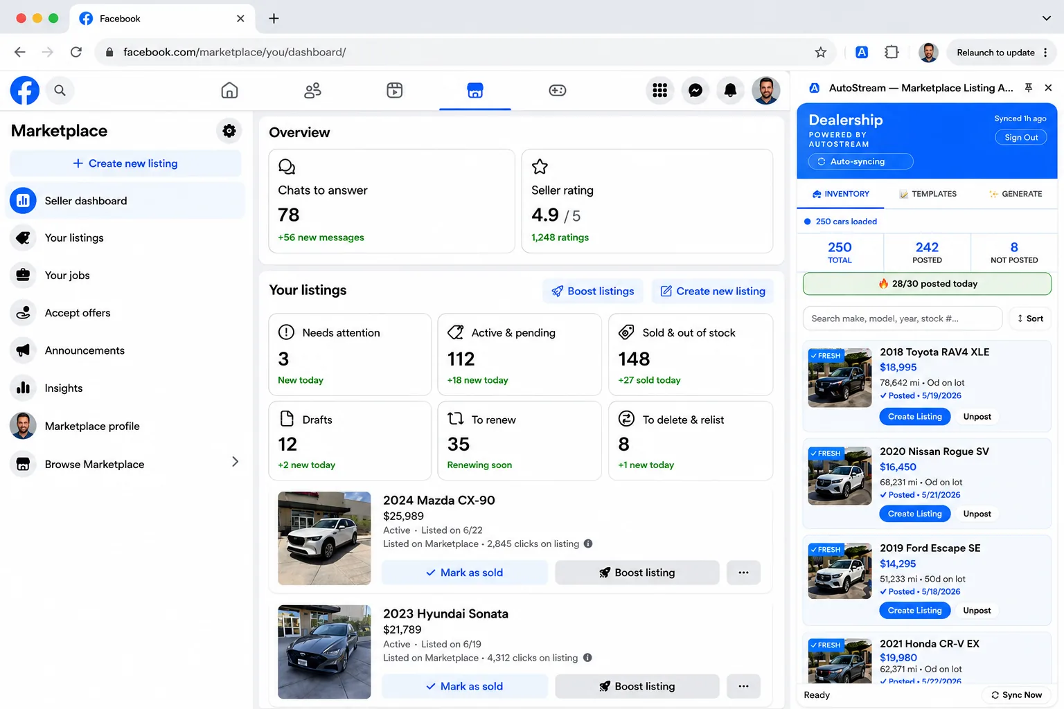 AutoStream extension docked as a side panel next to Facebook Marketplace, showing synced inventory, posted counts, and one-click Create Listing buttons